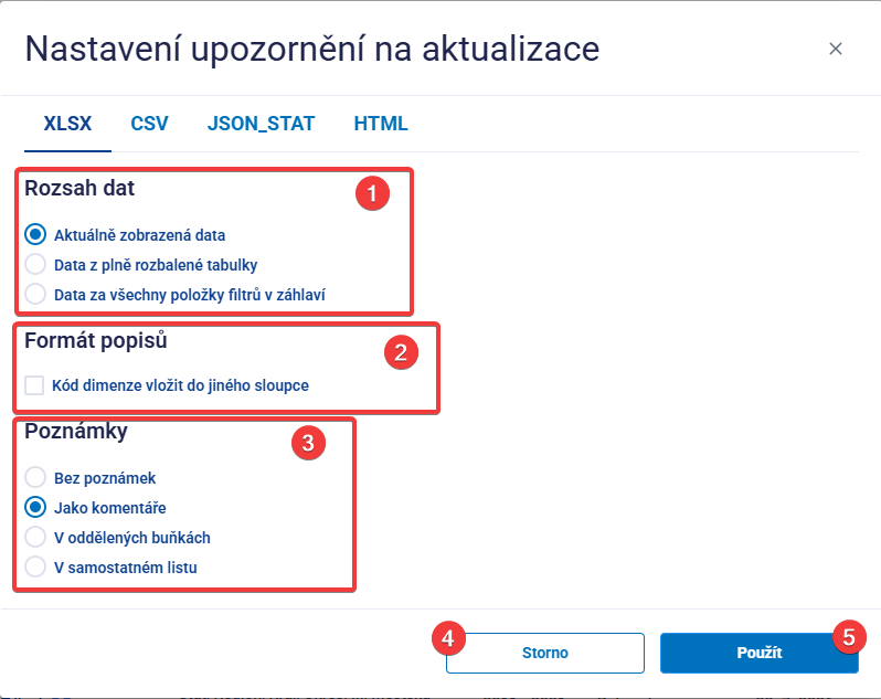 Obrázek 28: Notifikace – nastavení XLSX