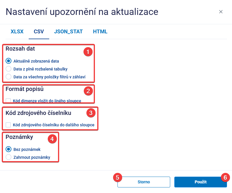 Obrázek 29: Notifikace – nastavení CSV