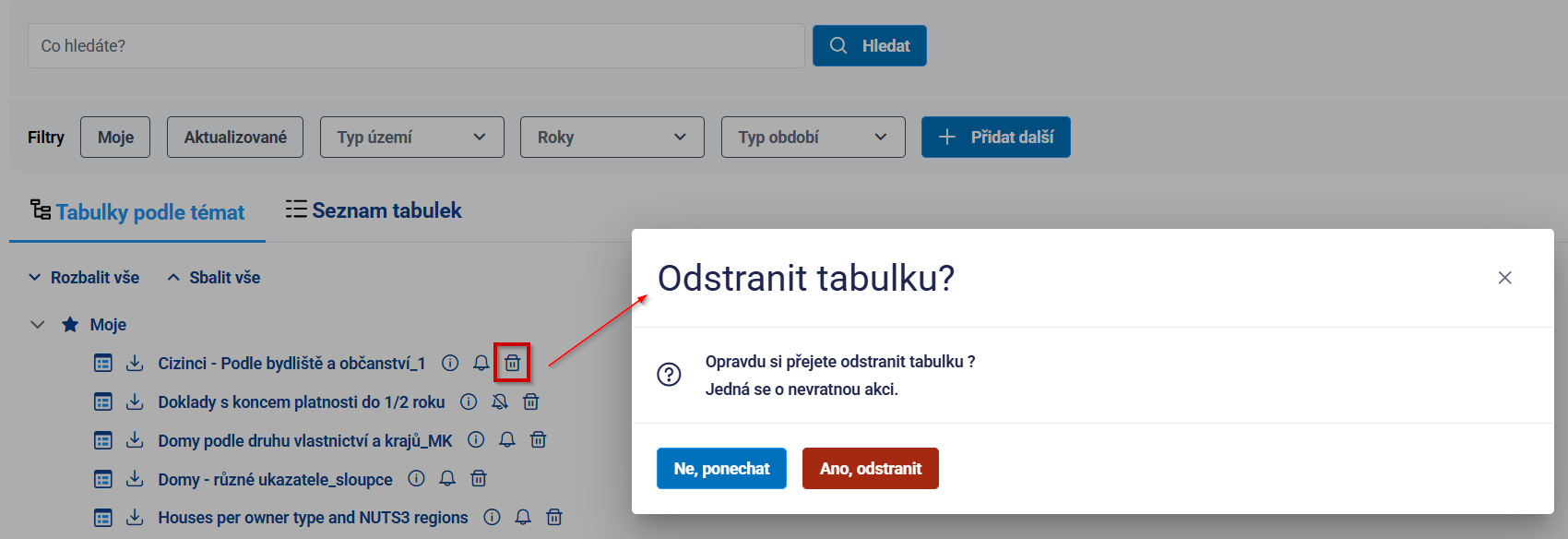 Obrázek 34: Odstranění tabulky v navigačním stromě